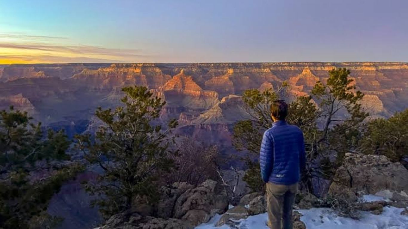 Person enjoying a scenic overlook of the Grand Canyon South Rim in Arizona