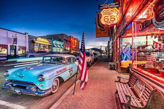 Historic Route 66 in Williams Arizona with classic neon signs